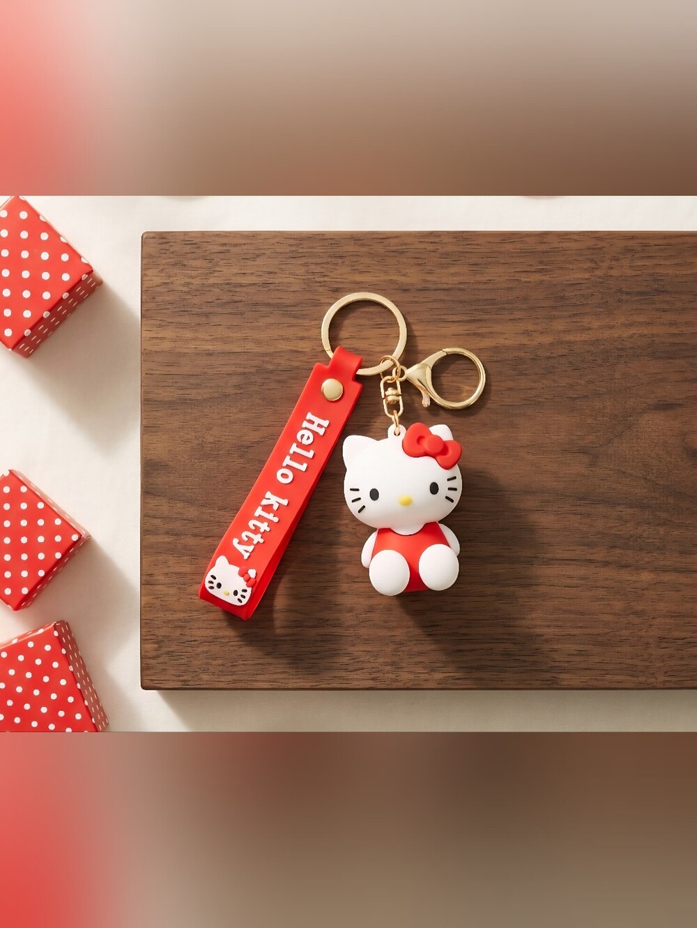 Hello Kitty Red and White Silicone Keychain with Gold Hardware